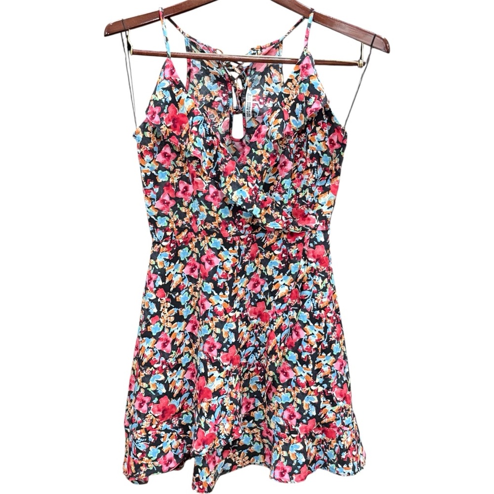 Zara Floral Ruffle Mini Dress Lace Up Back Summer Skater Size M - Picture 2 of 6